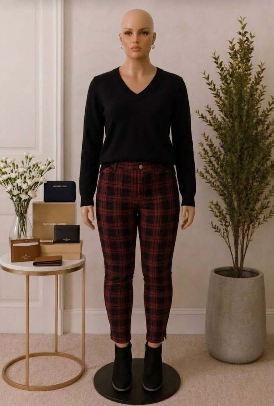 St. John's Bay Skinny Leg Pants Size 16 Red Black Plaid Tartan Corduroy